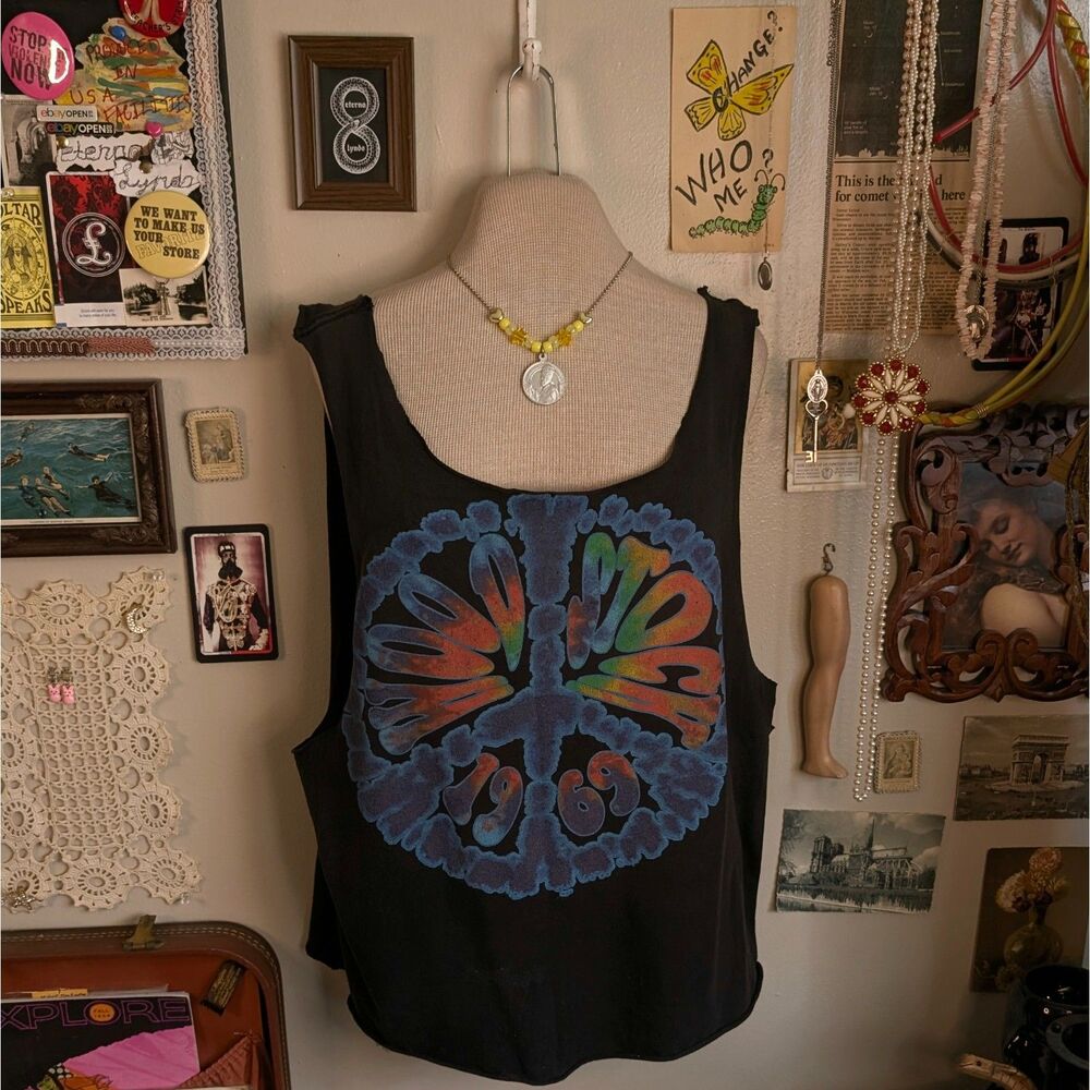 Woodstock 1969 Graphic Tank Top Unisex Medium/Large Black Tie Dye Peace Sign